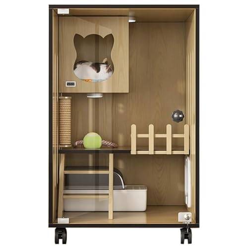 Multifunktionale geschlossene Katzenwohnung mit Massivholz-Katzenzaun-Kratzbaum und Tür aus gehärtetem Glas, ideal für 1 bis 2 Katzen, Indoor/Outdoor/Balkon, Katzenkäfig (Natur, 60 x 60 x 120 cm) von Generisch