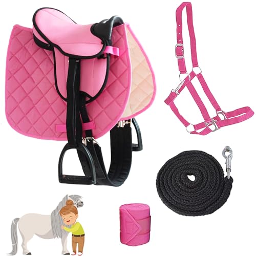 My Sweet Pony® Kinder Shettysattel-Set Bella Rose + Halfter + Führstrick + Bandagen | Sattel für Pony Shetty und Holzpferd | Alles enthalten | kompletter Sattel | Ideal für erste Reitversuche von Generisch