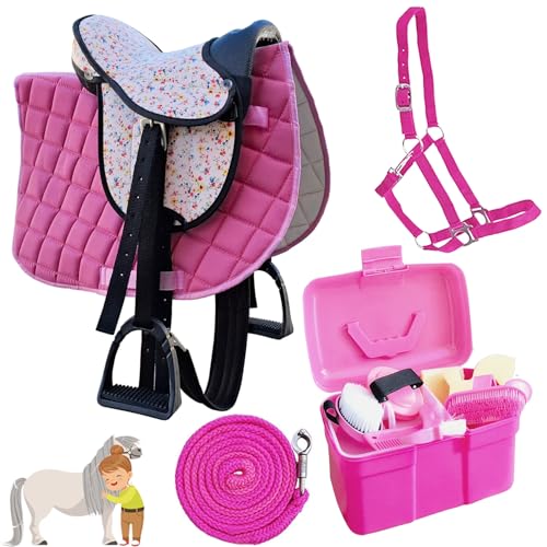 My Sweet Pony® Kinder Shettysattel-Set Pink Flower + Halfter + Führstrick + Putzbox | Sattel für Pony Shetty und Holzpferd | Inkl. 7-teiligem Pflege-Set | Ideal für erste Reitversuche von Generisch