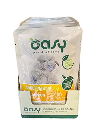 Oasy Leckerlis in Sauce für ausgewachsene Katzen, die zur Bildung von Fellbolen vorbereitet sind, Geschmack Huhn. Packung mit 12 Beuteln (1 Beutel = 85 g) Formel glutenfrei von Generisch