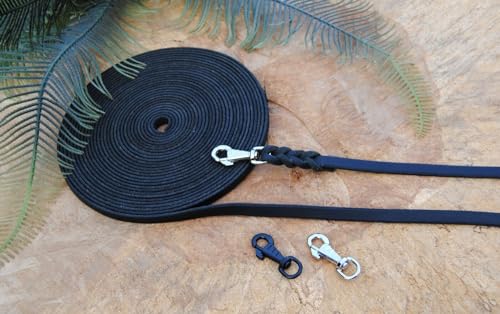 Petite Lederleine geflochten Schwarz 10mm Deluxe Schleppleine Fährtenleine Führleine (7m mit Schlaufe, Karabiner: Schwarz) von Generisch