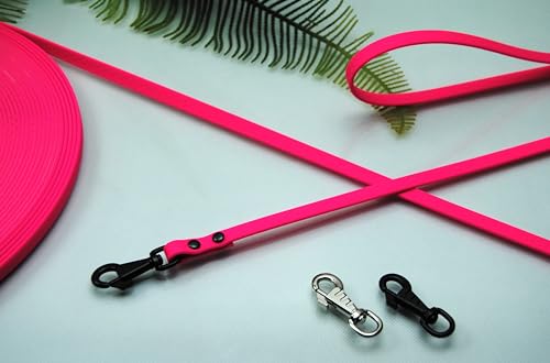 Petite Soft-Vinyl Hundeleine10mm Neon-Pink abwischbar Schleppleine Gummi Welpen (20m ohne Schlaufe, Karabiner: Deluxe Silber) von Generisch