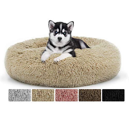 Plüsch-Katzenbett in Donut-Form, beruhigendes Haustierbett für große Hunde und Katzen, gemütliches Kuschelnest, Sofa, rundes Korbbett mit rutschfester Unterseite, waschbar, Khaki, Ø 100 cm von Generisch