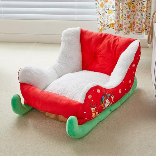 Schlitten Weihnachts Hundebett, 24,8 X 17,7 Zoll Rotes Haustierschlittenbett Mit Rentier- Und Weihnachtsmannmuster, Haustierbett Mit Weihnachtsferienmotiv, Warmer Ruheplatz Für Drinnen Und Draußen von Generisch