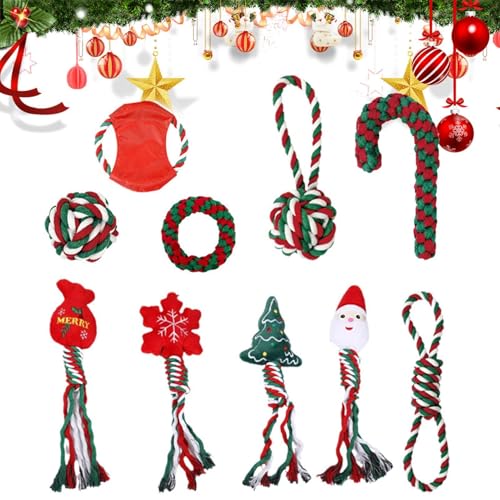 Seil-Kauspielzeug – Set mit 10 Weihnachtszähnen, Seilspielzeug-Set, Weihnachtsmann-Zähne, Seil-Spielzeug-Set, Schneeflocken, Hunde-Kauspielzeug, interaktives Spielzeug für kleine, mittelgroße Rassen von Generisch