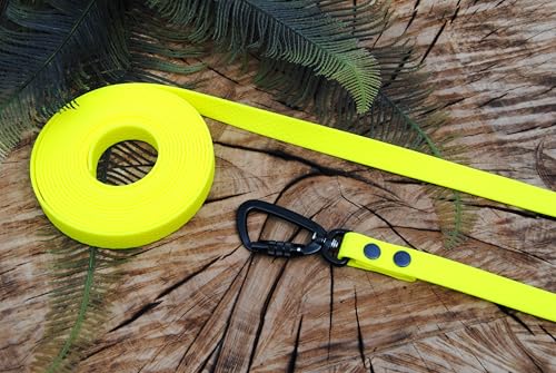 Soft-Vinyl Hundeleine 20mm Neon-Gelb Twist-Lock Sicherheitshaken abwischbar Schleppleine Gummi (15m mit Schlaufe) von Generisch