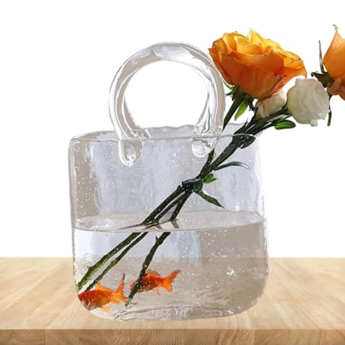 Transparente Vase in Handtaschenform, Glasvasen, Fischschale, Glas-Blumenvase, kreative handliche Glastasche mit Blasen, Blumenarrangement, Aquarium und Glasvase für Heimdekoration (Glas) (28,9 x 19,9 von Generisch