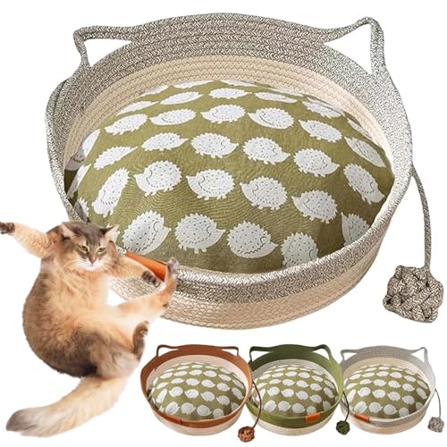 Virelapets Woven Rope Cat Basket, 13” /16” /18” Cat Toy Basket Suitable for All Cats, Hand Woven Cats Bed with Built-In Scratching Mat and Pet Toy (Gray with Bed,18.9") von Generisch