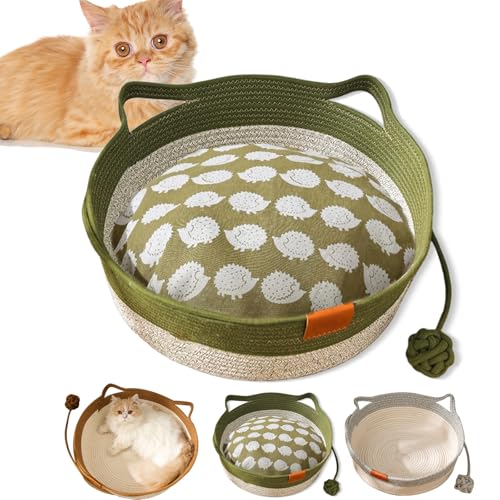 Virelapets Woven Rope Cat Basket, 2025 Dual Scratching Pad for Cats, Virela Pet Woven Rope Cat Basket, Natural Cotton Rope Cats Baskets Bed with Ball Toy (Green (with Cushion),48 cm/18.9 in) von Generisch