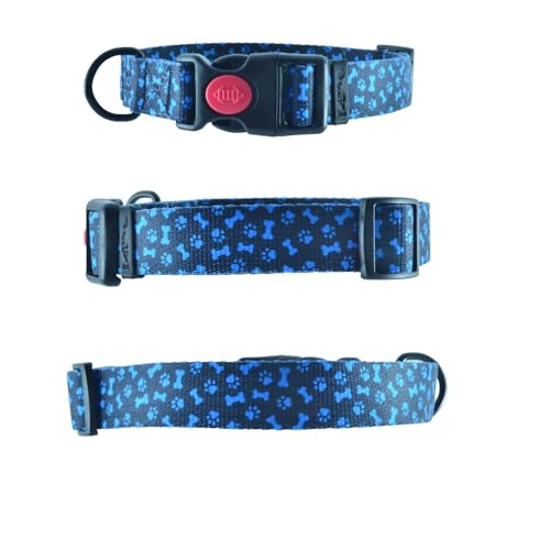 Vivid Blue Pawprints_Black Fluoreszierendes Halsband Hund Gurt 25mm Breit Große Hunde, Hundehalsband Mittelgroße Hundehalsband Hunde Halsbänder Verstellbar (Halsumfang 42 bis 55cm Gurt 25mm) von Generisch