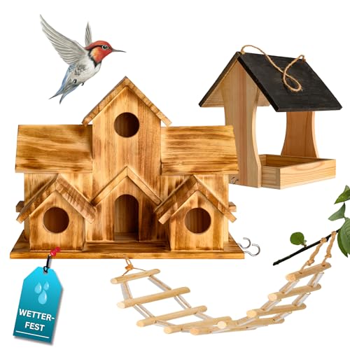 Vogelhaus-Box von growpile grosses Vogelhaus mit 5 Nistplätzen und Kleiner Leiter und einem Vogelfutterhaus für Streufutter aus Natur-Holz für Gartenvögel, wetterfest, naturbelassen von Generisch