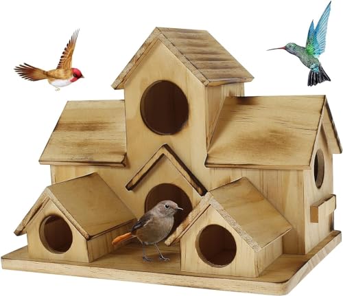 Vogelhaus aus Holz für den Außenbereich, 2 Stück, blau, Vogelfinken, Kolibrihäuser mit 6 Löchern, Zimmern für Vogelfamilien, Garten, hängendes Vogelhaus-Set von Generisch