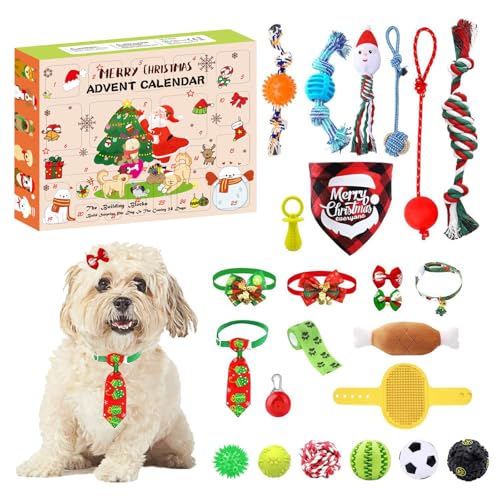 Weihnachts-Adventskalender für Hunde, niedliches Hundespielzeug mit Kauseilen, quietschende Bälle, Beißspielzeug, Hundefliege, Halsbänder, Bandana, 24 Stück Hundespielzeug, Weihnachts-Adventskalender, von Generisch