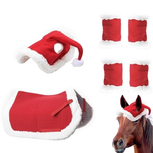 Generisch Weihnachtskostüm für Pferde - Rot, Vlies/Blasenvlies, Größe siehe Beschreibung, Weihnachten, Kinder, Schnalle, Bandana, Schabracke, Beinwickel, Hut, 774 g, Winter von Generisch