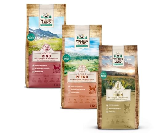 Wildes Land Classic Adult Trockenfutter Probierpaket 3 x 1kg | Huhn, Rind & Pferd | Getreidefreies Hundefutter | Hypoallergen | Monoprotein | Mit Wildkräutern und Ölen von Generisch