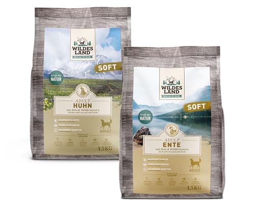 Wildes Land Soft Adult 2 x 1,5kg | Multipack mit 1x Huhn & 1x Ente | Mit Wildkräutern und Ölen | Glutenfrei & leicht verdaulich | Weiche Kroketten von Generisch