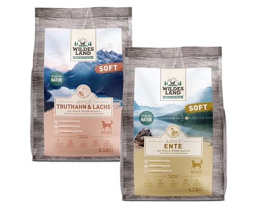 Wildes Land Soft Adult 2 x 1,5kg | Multipack mit 1x Truthahn & Lachs & 1x Ente | Mit Wildkräutern und Ölen | Glutenfrei & leicht verdaulich | Weiche Kroketten von Generisch