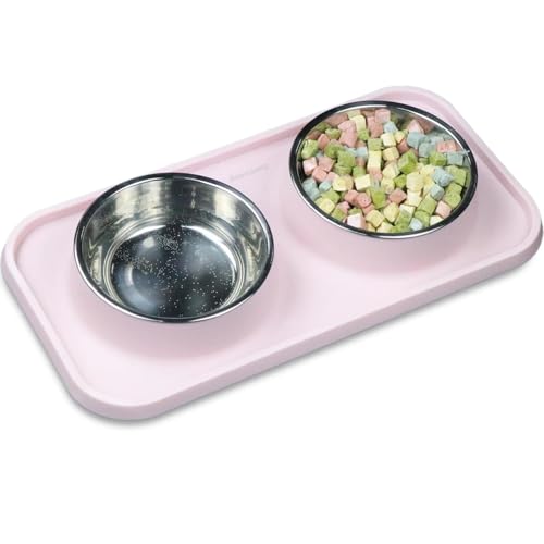 Katzennäpfe für Futter und Wasser, Premium Abnehmbare Edelstahl Doppelnäpfe mit rutschfester Unterseite & erhöhtem Ständer für Katzen und kleine Hunde, auslaufsichere Katzenfutter, 354 ml (Pink) von Gentledog