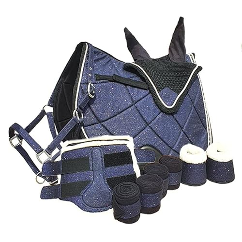 German Riding Perfect Match Schabracke Set Hufglocken Halfter Fliegenhaube Bandagen Gamaschen Glitzer Shetty Pony Cob Full (WB) (Full, Dunekelblau) von German Riding