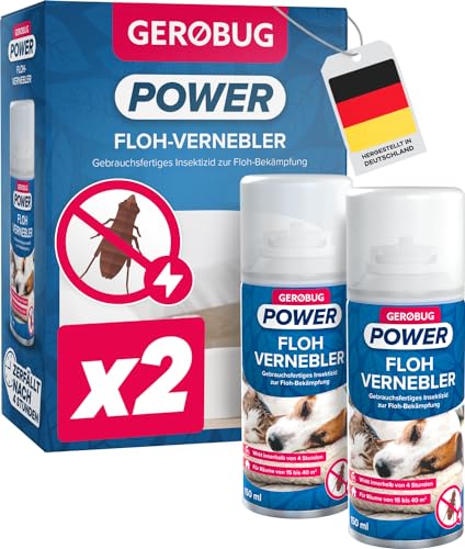 GEROBUG® Anti Floh-Fogger 2 x 150 ml [FLÖHE BEKÄMPFEN] mit Naturwirkstoff: Gift zerfällt nach nur 4 Stunden - Floh-Vernebler Doppelpack für insg. 25 m2 - Effektive Lösung zum Flöhe bekämpfen von Gerobug