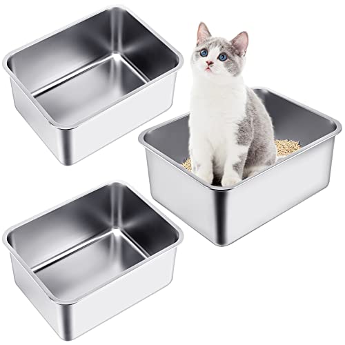 3 Packungen Edelstahl-Katzentoilette für Katzen und Hasen, 20 cm, extra große Metall-Katzentoilette mit hohen Seiten, Antihaftbeschichtung, rostfrei, langlebige Katzentoilette (49.7x34.8x20.9 cm) von Gerrii