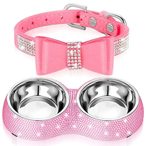 Gerrii 2 Stück rosa Hundenäpfe und kleine Welpen, verstellbares Halsband-Set für Katze und Hund, glitzerndes Halsband, Strasssteine, Edelstahl, Welpennäpfe (S, Rosa) von Gerrii