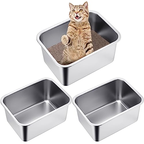 Gerrii 3 Packungen Edelstahl-Katzentoilette, extra große Katzentoilette, Metalltoilette mit hohen Seiten, antihaftbeschichtet, glatte Oberfläche, leicht zu reinigen, für Katzenklo (14,2 x 10,6 x 7,9 von Gerrii