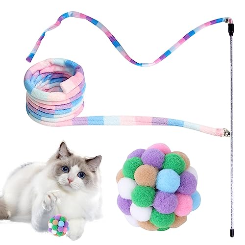 Geruwam Regenbogenstab Katzenspielzeug, Regenbogenband Charmer Kit Katzen Teaser Zauberstab, Regenbogenband-Charmer-Zauberstab, sicher, bunt, mit Kugel für Kätzchen von Geruwam