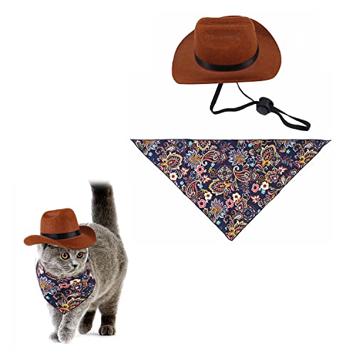 Gesuche 2-teiliges Western-Cowboy-Kostüm-Set, bezaubernder Western-Cowboyhut für Katzen und Hunde, mit verstellbarem elastischem Kinnriemen und Bandana, für Welpen, Kätzchen, Party, Cosplay, tägliches von Gesuche