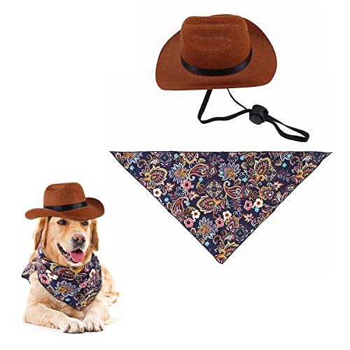 Gesuche 2-teiliges Western-Cowboy-Kostüm-Set, bezaubernder Western-Cowboyhut für Katzen und Hunde, mit verstellbarem elastischem Kinnriemen und Bandana, für Welpen, Kätzchen, Party, Cosplay, tägliches von Gesuche