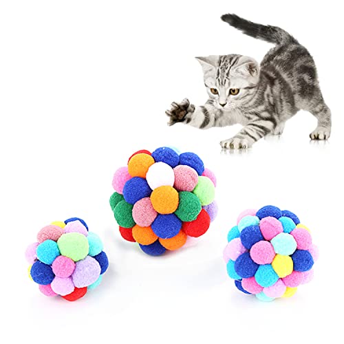 Gesuche Katzenspielzeugbälle mit Glocke (3 Größen/Packung), runde Katzen-Pom-Bälle mit integrierter Glocke, bunte, weiche flauschige Bälle für Interaktion, Spielen, Training und Kauen von großen von Gesuche