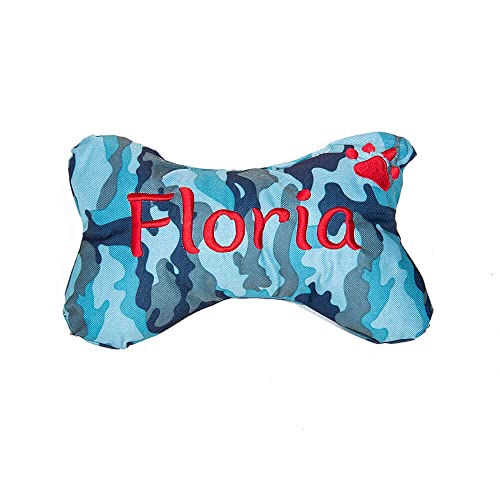 Personalisiertes Hundeknochen Plüschtier Kissen für Welpen mit individueller Stickerei und Pfotenmuster Hund Schlaf Kauspielzeug für Welpen Hunde Interaktives Beißspielzeug Blau - Camouflage von Getname Necklace