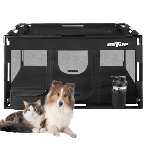 GETOP Hunde-Laufstall, PE Mesh Hundezaun, Stabiler Katzen- & Hundehütte mit Tragetasche, PVC-Rohrrahmen, für Innen und Außen Haustier Puppy Kitty Kleintiere Stiftkäfig (L-Größe, Schwarz) von Getop