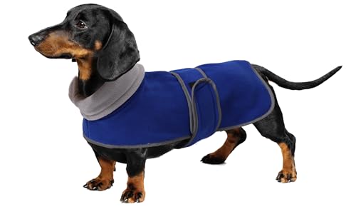 Geyecete -Gemütlich Polarfleece Winter hundemantel fur Dackel,Miniatur Dackel Fleece hundepullover,Hoher Kragen warmes Hundeveste mit Geschirr öffnung,Einstellbar kleine Hundejacke-Blau-L von Geyecete