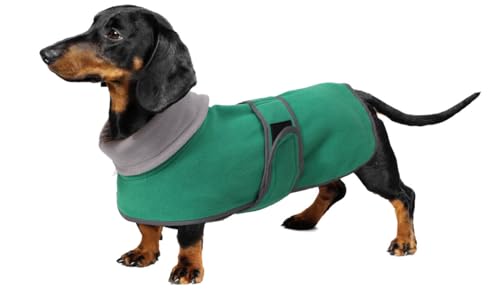 Geyecete -Gemütlich Polarfleece Winter hundemantel fur Dackel,Miniatur Dackel Fleece hundepullover,Hoher Kragen warmes Hundeveste mit Geschirr öffnung,Einstellbar kleine Hundejacke-Grün-L von Geyecete