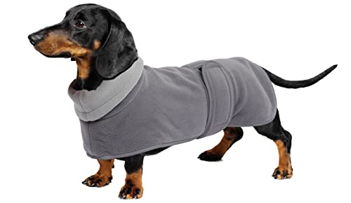 Geyecete -Gemütlich Polarfleece Winter hundemantel fur Dackel,Miniatur Dackel fleece hundepullover,Hoher Kragen warmes Hundeveste mit geschirr öffnung,Einstellbar kleine Hundejacke-Grau-S von Geyecete