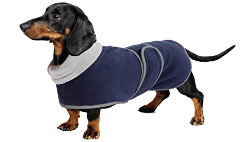 Geyecete-Polarfleece Winter hundemantel fur Dackel,Miniatur Dackel Pullover,Warmes Einstellbar Hundejacke Hundeweste mit Geschirr öffnung-Navyblau-L von Geyecete