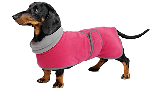 Geyecete -Gemütlich Polarfleece Winter hundemantel fur Dackel,Miniatur Dackel fleece hundepullover,Hoher Kragen warmes Hundeveste mit geschirr öffnung,Einstellbar kleine Hundejacke-Rosa-L von Geyecete