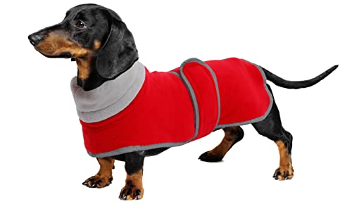 Geyecete -Gemütlich Polarfleece Winter hundemantel fur Dackel,Miniatur Dackel fleece hundepullover,Hoher Kragen warmes Hundeveste mit geschirr öffnung,Einstellbar kleine Hundejacke-Rot-L von Geyecete