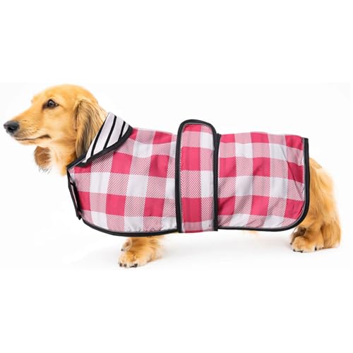 Geyecete Hunde Regenmantel,Einstellbar Wasserdicht Hundejacke für Dackel,Regenmantel mit reflektierenden Trägern,Regenjacken mit Gürtel mit Klettverschluss für Miniaturdackel-Kariert Rosa-XS von Geyecete