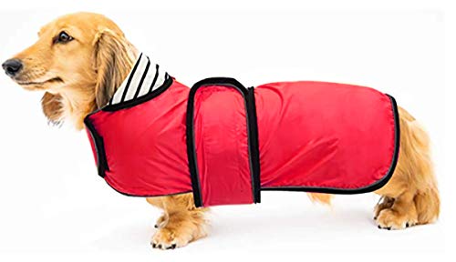 Geyecete Hunde Regenmantel,Einstellbar Wasserdicht Hundejacke für Dackel,Regenmantel mit reflektierenden Trägern,Regenjacken mit Gürtel mit Klettverschluss für Miniaturdackel-Rot-S von Geyecete