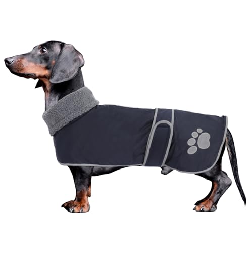 Geyecete-Hunde Wintermantel fur Dackel,Hundejacken mit plüschfutter und Kabelbaumloch,Wasserdichter Winddicht, reflektierend Outdoor Hundekleidung fur mittel und Kleiner Dackel Hund-Navy Blau-XS von Geyecete