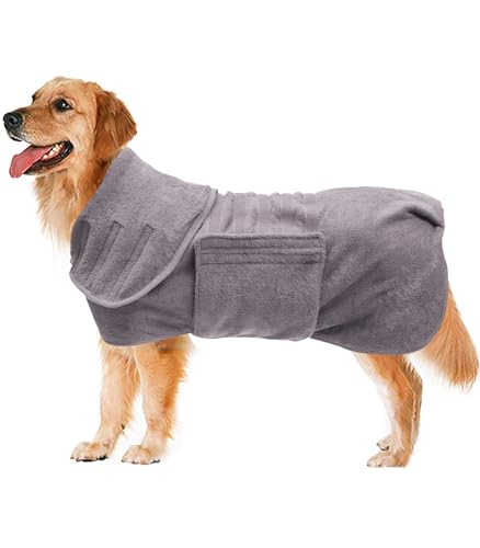 Geyecete Hundebademantel aus Mikrofaser , schnell trocknend Badetuch mit Klettverschluss,sehr saugfähig Bademantel für Hunde und Katzen,Haustier handtuch-Grau-XXXL von Geyecete