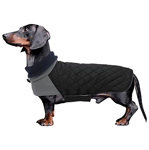 Geyecete Hundemantel Dackel, Dackel Wintermantel, Warmer Quilten Dackelmantel mit Geschirr Loch,Winddicht Rollkragen Hundejacken, Miniatur Dackel Weste für kleine Hunde-Schwarz-XL von Geyecete