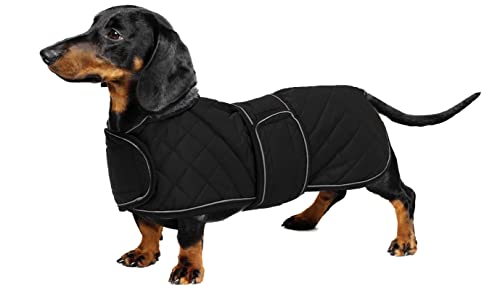 Geyecete - Warmer wintermantel für dackel Hunde,Hunde Winterjacken mit plüschfutter,Outdoor jacken mit verstellbaren gürtel und Kabelbaumloch,für mittelgroße und Kleiner dackel-Schwarz-L von Geyecete