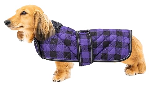 Geyecete Wasserdichter Hundemantel,Dackel Mantel,Hundejacke Winter für Dackel,mit Warmem Fleecefutter innen,Verstellbaren Outdoor Hundebekleidung für Dackel Miniatur Dackel-Kariert Lila-L von Geyecete