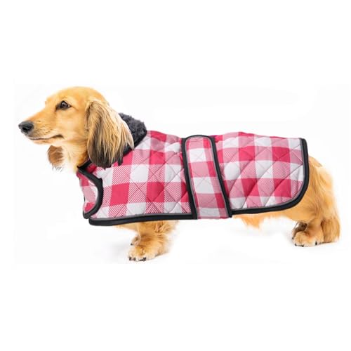 Geyecete Wasserdichter Hundemantel,Dackel Mantel,Hundejacke Winter für Dackel,mit Warmem Fleecefutter innen,Verstellbaren Outdoor Hundebekleidung für Dackel Miniatur Dackel-Kariert Rosa-L von Geyecete