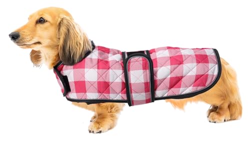 Geyecete Wasserdichter Hundemantel,Dackel Mantel,Hundejacke Winter für Dackel,mit Warmem Fleecefutter innen,Verstellbaren Outdoor Hundebekleidung für Dackel Miniatur Dackel-Kariert Rosa-XS von Geyecete