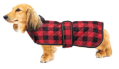 Geyecete Wasserdichter Hundemantel,Dackel Mantel,Hundejacke Winter für Dackel,mit Warmem Fleecefutter innen,Verstellbaren Outdoor Hundebekleidung für Dackel Miniatur Dackel-Kariert Rot-M von Geyecete