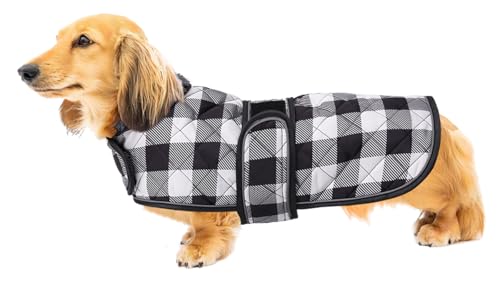 Geyecete Wasserdichter Hundemantel,Dackel Mantel,Hundejacke Winter für Dackel,mit Warmem Fleecefutter innen,Verstellbaren Outdoor Hundebekleidung für Dackel Miniatur Dackel-Kariert Schwarz-L von Geyecete